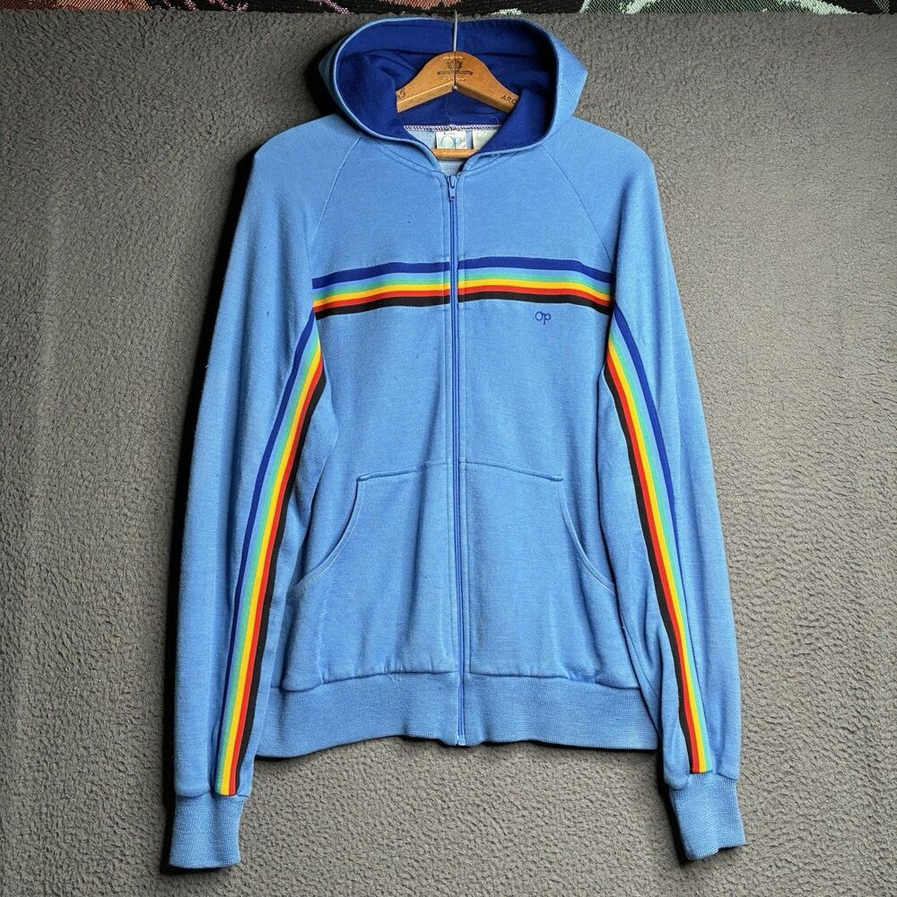 Vintage 70s 80s OCEAN PACIFIC OP Surf Full Zip Hoodie Medium Rainbow Stripe